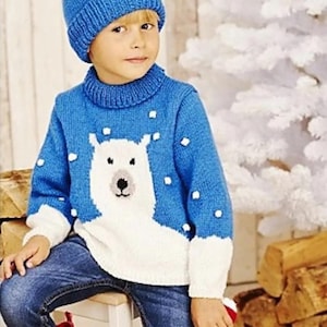 Childs Polar Bear Christmas Sweater PDF Knitting Pattern Boys Girls Xmas Motif Jumper & Hat Set DK 8ply Age 2 - 7 Vintage Download