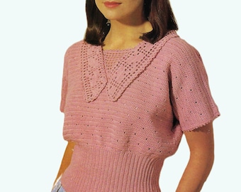 Crochet Pattern PDF Ladies Blouse Short Sleeve Sweater Top with Lace Collar Cotton 4ply 30 - 40" Vintage Downloadable