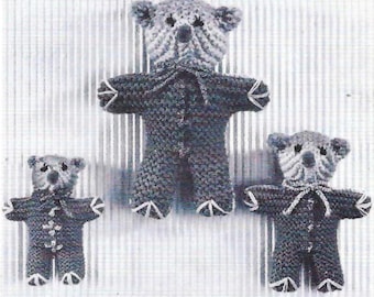 Easy Knit Beginners Teddy Bear Toy in 3 Sizes Garter Stitch Childs PDF Knitting Pattern DK 8ply Vintage Downloadable