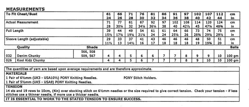 May include: Knitting pattern chart with measurements for a chunky knit sweater in inches and centimeters. The chart includes yarn shade numbers, needle sizes, and tension information.