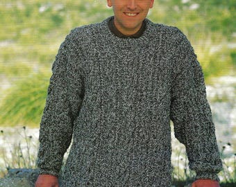 Loose Fit Mens Chunky Cable Sweater PDF Knitting Pattern Long Gents Jumper Pullover Bulky 12ply 38 - 48" Vintage Downloadable