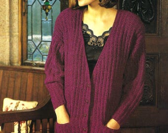 Easy Knit Ladies 2 x 2 Rib Jacket Womens V Neck Long Cardigan with Pockets PDF Knitting Pattern Crushed Velvet DK 8ply 32 - 40" Vintage