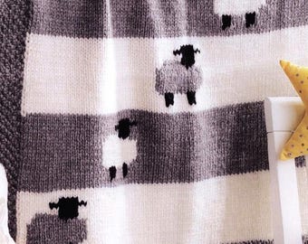 Baby Blanket with Sheep Motif Easy Knit Afghan Crib Cot in Aran 10ply Worsted 58 x 54cm Downloadable