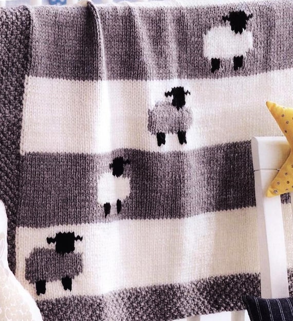 Baby Blanket With Sheep Motif Easy Knit Afghan Crib Cot in Aran