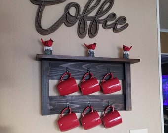 Rustic Mug Rack - 6 hooks, handmade mug rack with shelf, stained, clear coat, wall decor, kitchen decor, coffee bar, coffee rack