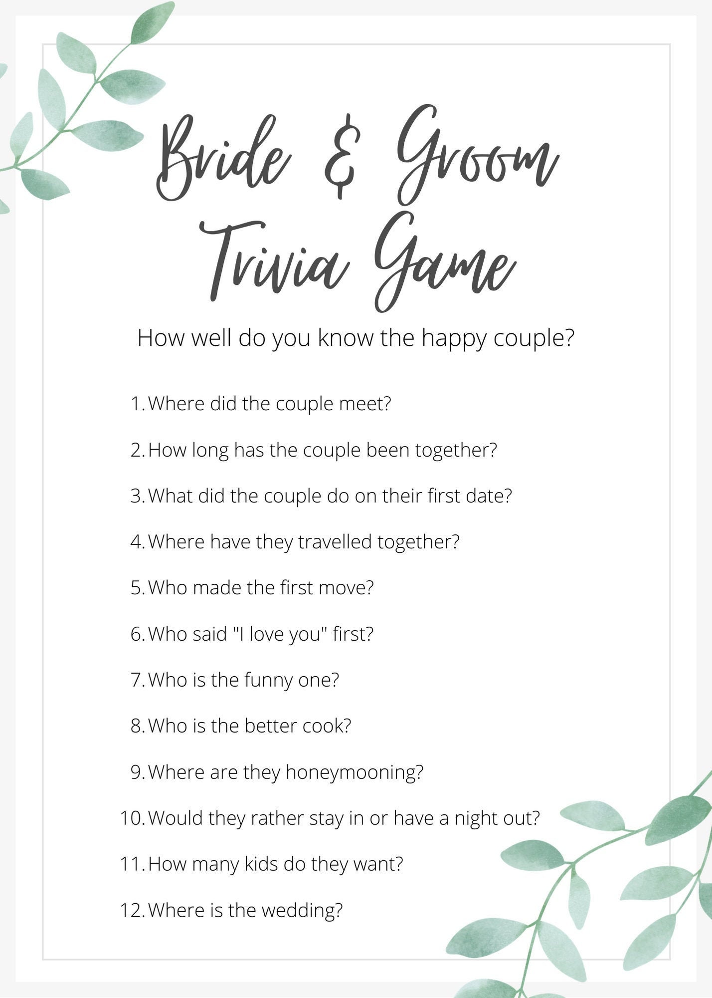 Bride & Groom Trivia Bridal Shower Game Bridal Shower Games Etsy