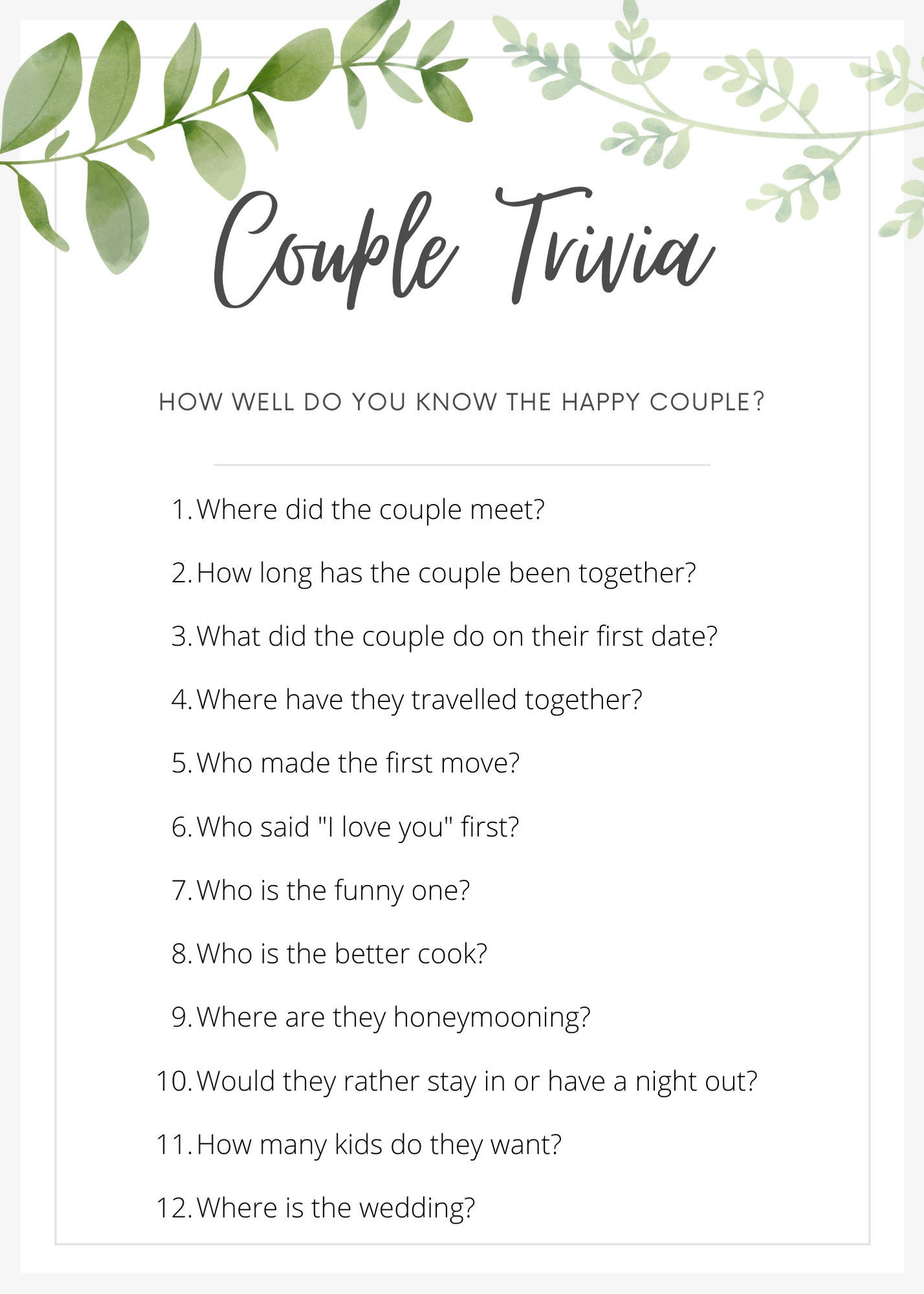 Couple Trivia Bridal Shower Game Bridal Shower Games Etsy