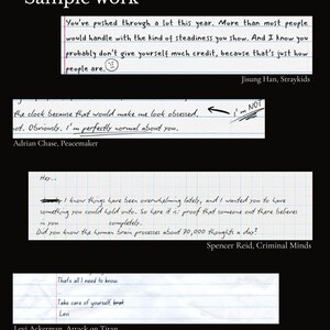 May include: Image features handwritten notes on lined paper with quotes from various sources. The top note reads "You've pushed through a lot this year." Other notes include "I'm perfectly normal about you" and "Take care of yourself, brat."