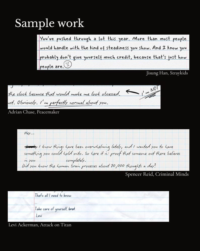 May include: Image features handwritten notes on lined paper with quotes from various sources. The top note reads "You've pushed through a lot this year." Other notes include "I'm perfectly normal about you" and "Take care of yourself, brat."
