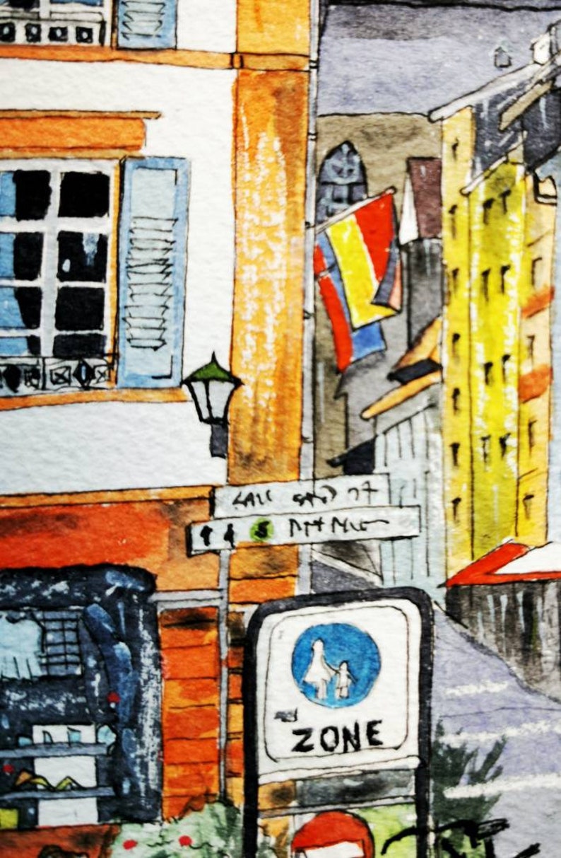 May include: Watercolor painting of a European street scene. Buildings in shades of orange, yellow, and gray. A street sign and a pedestrian zone sign are visible. The painting has a vintage, artistic style.