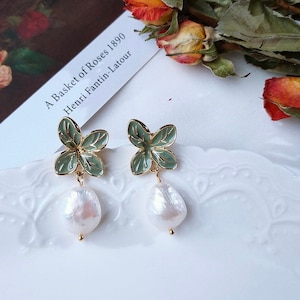 925 silver needles/14K gold  plated ear/leaf earrings/fresh water pearl earrings/enameled earrings/ girl women gifts/Valentine‘s Day present