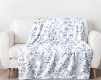 Toile de Jouy-filt: Blå blommig sammetspläd i plysch