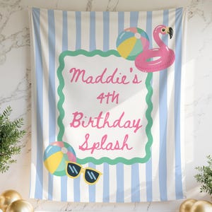 May include: A party backdrop with blue and white stripes, featuring a pink flamingo float, beach balls, and sunglasses. The text "Maddie's 4th Birthday Splash" is displayed in pink script within a green-edged frame. Gold and white balloons are in the foreground.