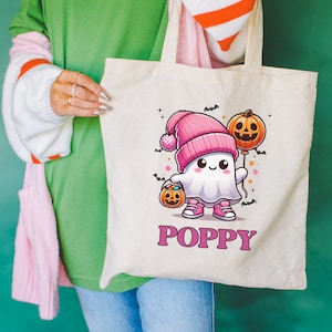 Personalized Trick or Treat Bag Custom Halloween Tote Candy Bag Kids Halloween Bag with Name Trick-or-Treat Tote Halloween Canvas Bag Candy