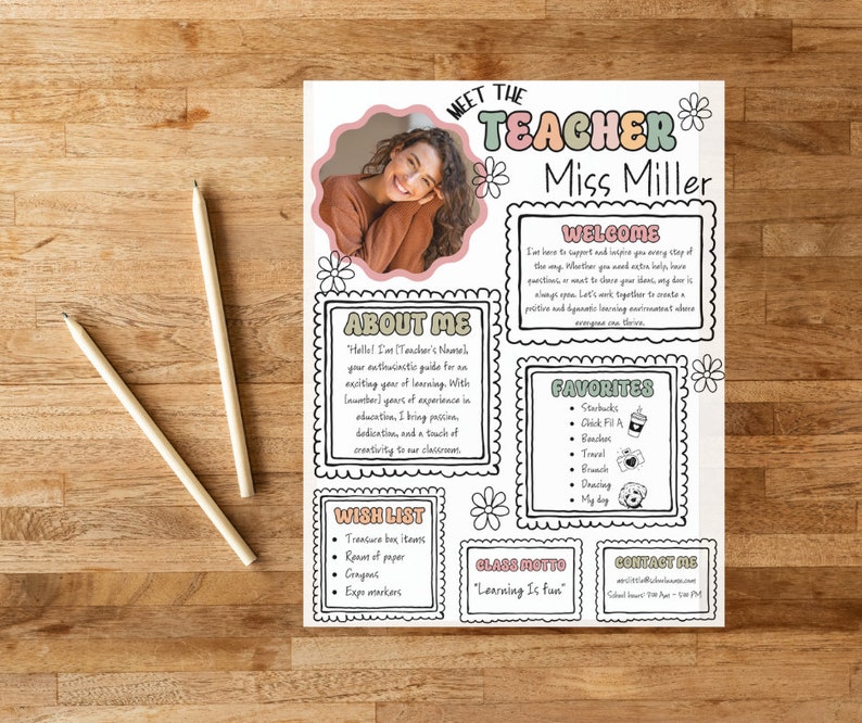 Pu&ograve; includere: Un poster stampabile di benvenuto per un insegnante con uno schema di colori rosa e verde. Il poster presenta una foto dell'insegnante, un messaggio di benvenuto, una sezione "Chi sono", una lista dei desideri, una sezione "Preferiti", un motto di classe e informazioni di contatto. Il testo sul poster recita "Incontra l'insegnante", "Miss Miller", "Benvenuto", "Chi sono", "Lista dei desideri", "Preferiti", "Motto di classe", "Imparare &egrave; divertente" e "Contattami".