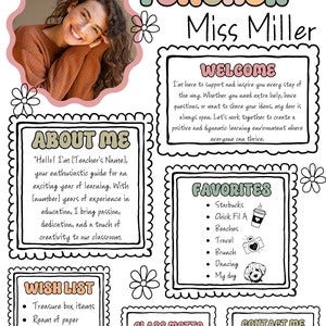 Pu&ograve; includere: Un poster di benvenuto colorato per un'insegnante di nome Miss Miller. Il poster include una foto dell'insegnante, un elenco delle sue cose preferite, una lista di desideri per la sua classe e il suo motto di classe: "Imparare &egrave; divertente".