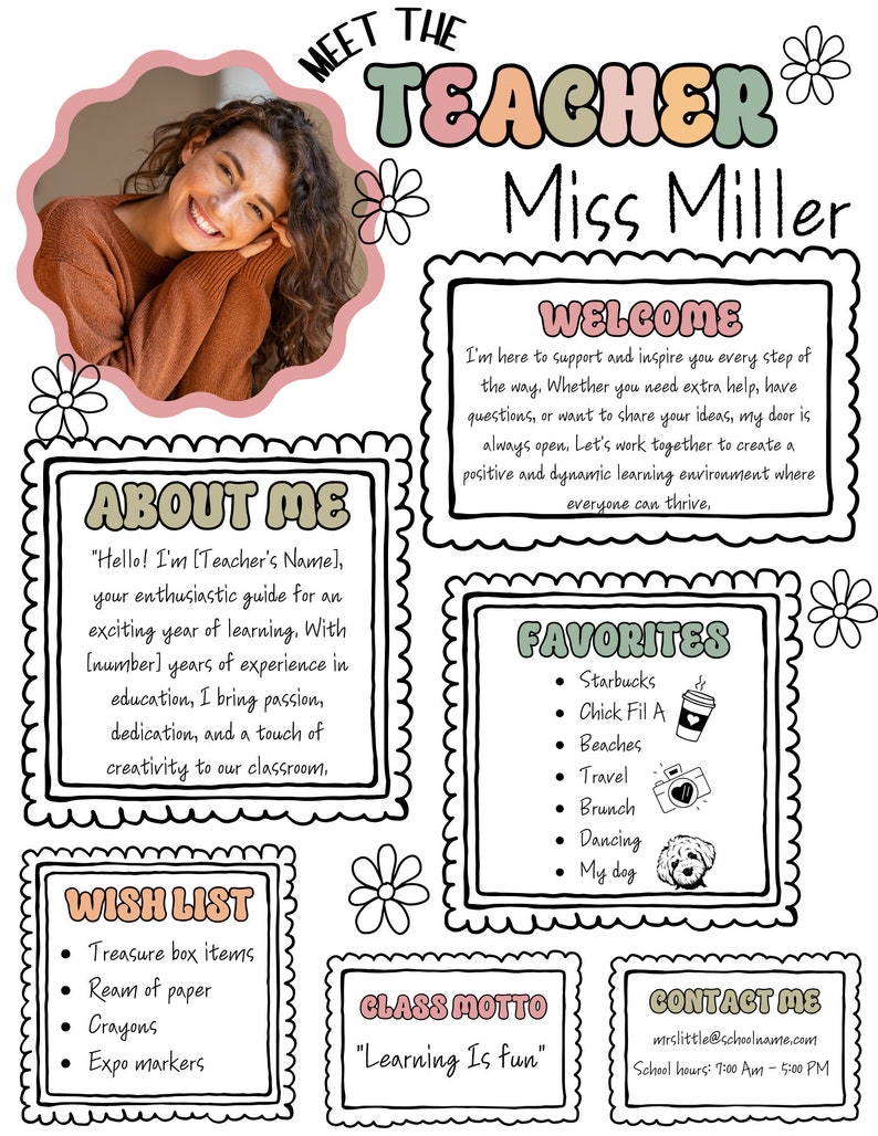 Pu&ograve; includere: Un poster di benvenuto colorato per un'insegnante di nome Miss Miller. Il poster include una foto dell'insegnante, un elenco delle sue cose preferite, una lista di desideri per la sua classe e il suo motto di classe: "Imparare &egrave; divertente".
