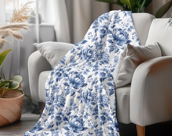 Blue French Toile Blanket: Floral Velveteen Plush Throw
