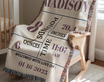 Personalized Birth Stats Blanket: Custom Name Keepsake, New Mom Gift