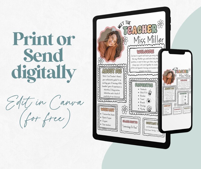 Pu&ograve; includere: Un modello digitale per una pagina di benvenuto di un insegnante. Il modello presenta uno schema di colori rosa e verde con un design floreale. Il modello include sezioni per "Incontra l'insegnante", "Benvenuto", "Informazioni su di me", "Preferiti", "Lista dei desideri", "Motto della classe" e "Contatti".