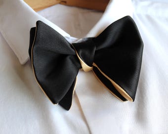 Papillon oversize da annodare, in raso nero champagne double-face, fatto a mano per matrimoni e stile formale