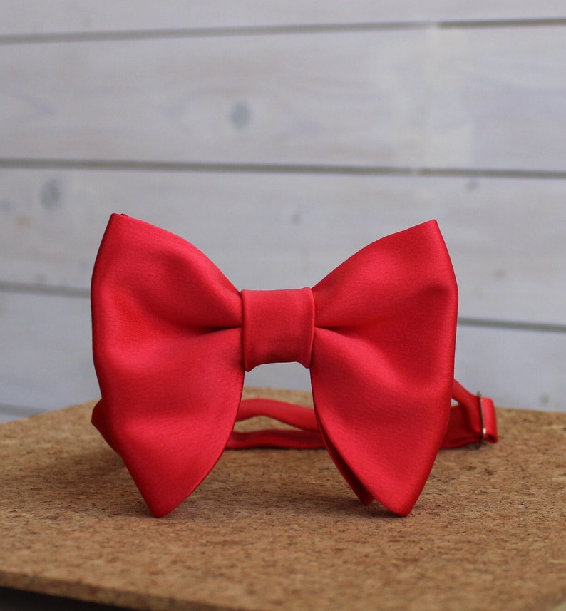 Bright Red Oversized Butterfly Bow Tie / Bright Red Satin Big Bow Tie / Groomsmen Bow Ties / Wedding Bow Tie zdjęcie 4