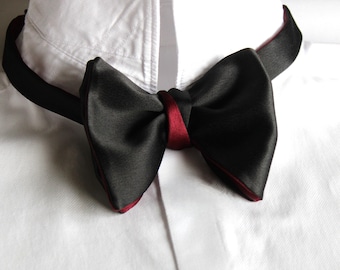 Papillon oversize da annodare, double-face nero e bordeaux, fatto a mano per matrimoni e stile formale