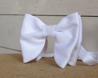 Oversized White Satin Bow Tie: Wedding Groomsmen Accessory