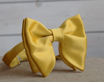 Papillon da uomo in raso giallo senape, papillon oversize dorato