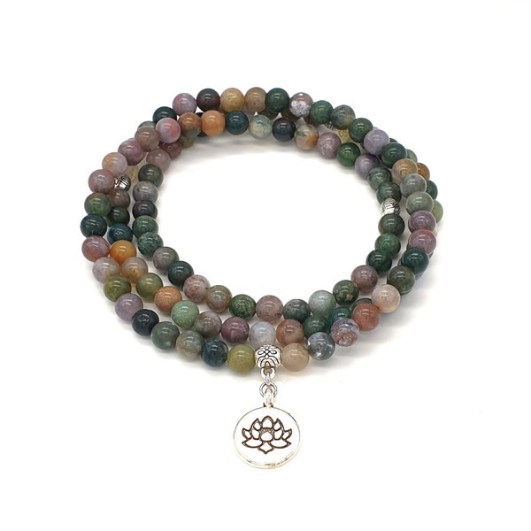 Indian Agate 108 mala bead necklace