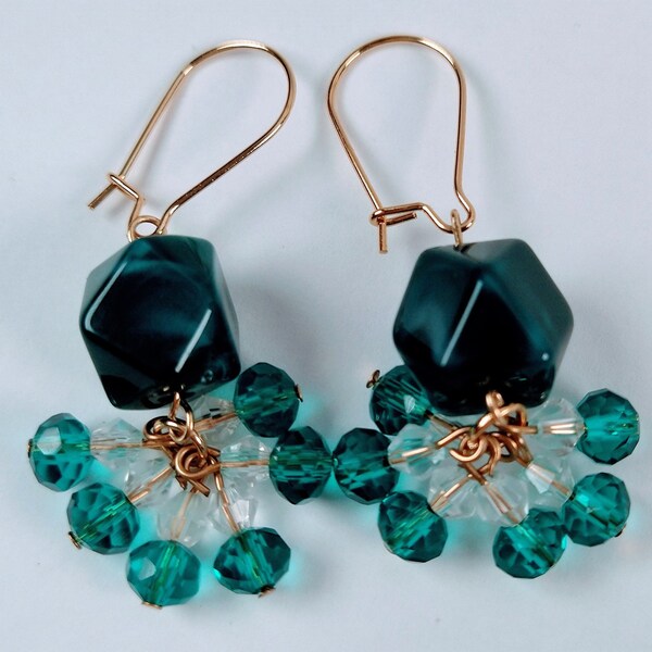 Cluster Earrings, Dangle Drop Cluster Lightweight Earrings, Glass Cluster Earrings, Stainless Steel Earrings, Green Forest Color Earrings.