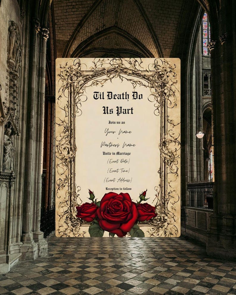 Gothic Vintage Red Rose Wedding Suite | Floral Rose Invitation Bundle | Dark Romantic Canva Templates | Editable Wedding Set image 5