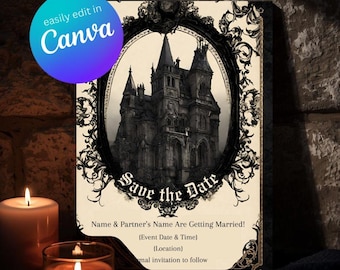 Gothic Black Lace Haunted Castle Save the Date Template, Dark Romantic Editable Canva Wedding Announcement, Black Fall Wedding Card