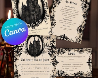 Haunted Castle Black Lace Wedding Suite | Gothic Fairytale Invitation Bundle | Medieval Castle Invite Template | Editable Canva Wedding Set