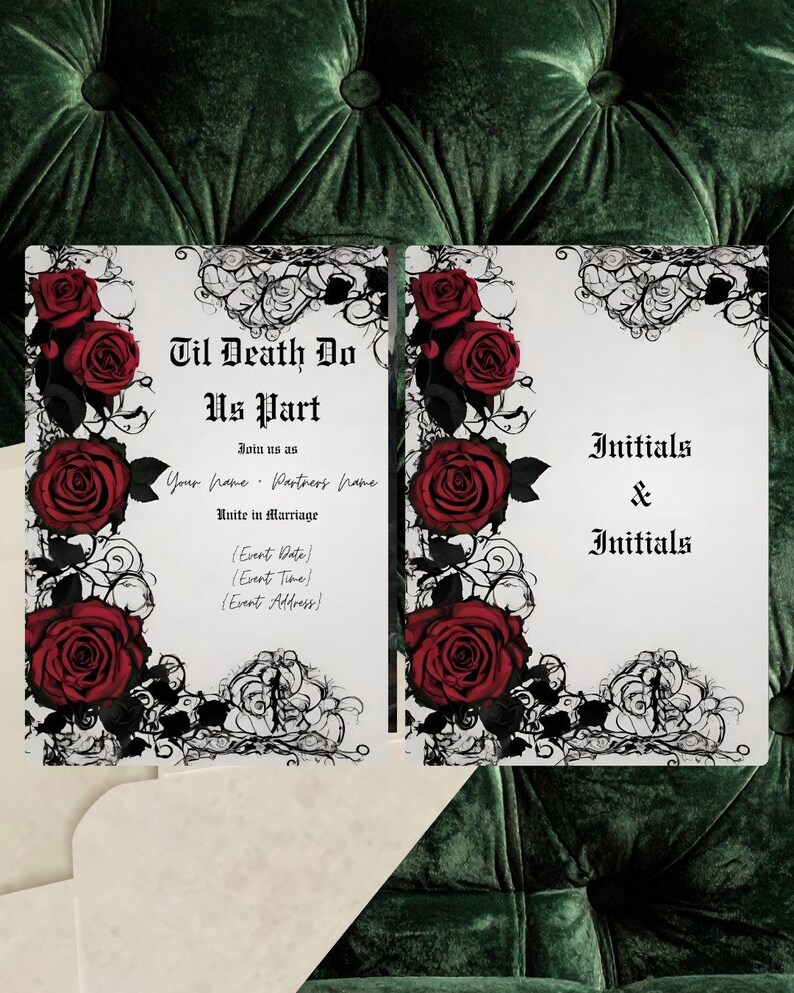 Gothic Red Rose Wedding Suite | Invitation Bundle | Dark Romantic Canva Templates | Editable Wedding Set, Goth Inspiration image 3