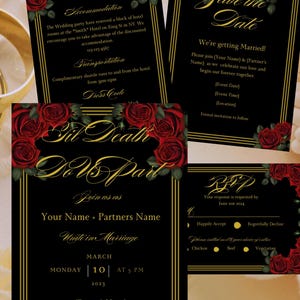 Juego de invitaciones de boda, color negro con rosas rojas y elementos dorados. Tarjeta para guardar la fecha, RSVP, detalles, invitación formal. Gótico elegante