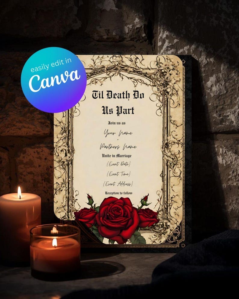 Gothic Vintage Red Rose Wedding Suite | Floral Rose Invitation Bundle | Dark Romantic Canva Templates | Editable Wedding Set image 2