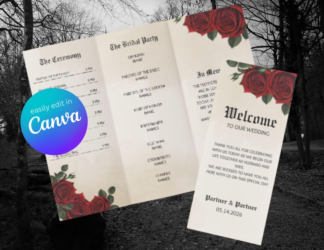 Gothic Rose Wedding Program Template | Dark Romantic Ceremony Program ...