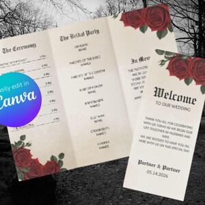 Szablon programu ślubu w stylu gotyckiej róży | Program ceremonii w stylu mrocznej romantyczności | Gotycka papeteria ślubna do druku