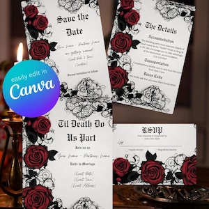 Gothic Red Rose Wedding Suite | Invitation Bundle | Dark Romantic Canva Templates | Editable Wedding Set, Goth Inspiration image 1