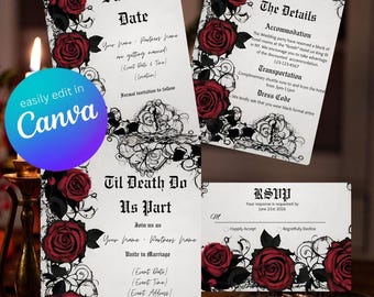Gothic Red Rose Wedding Suite | Invitation Bundle | Dark Romantic Canva Templates | Editable Wedding Set, Goth Inspiration
