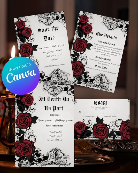 Gothic Red Rose Wedding Suite | Invitation Bundle | Dark Romantic Canva Templates | Editable Wedding Set, Goth Inspiration
