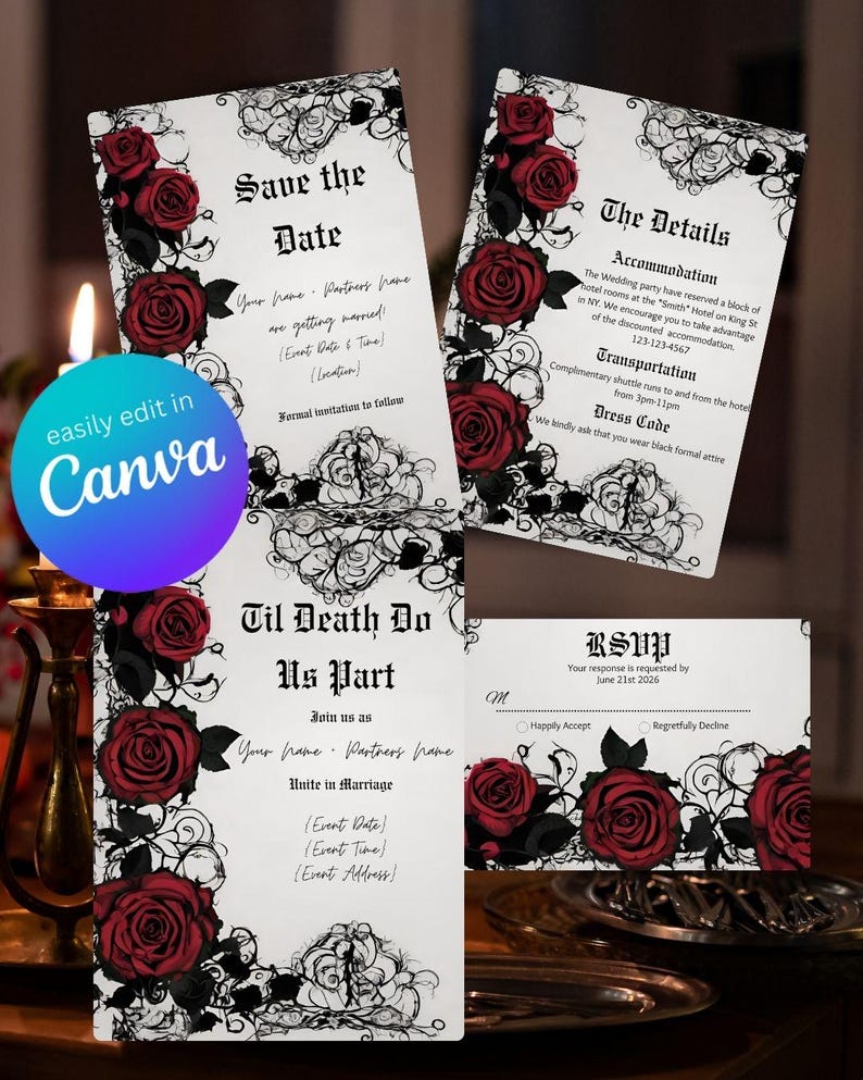 Gothic Red Rose Wedding Suite | Invitation Bundle | Dark Romantic Canva Templates | Editable Wedding Set, Goth Inspiration image 1