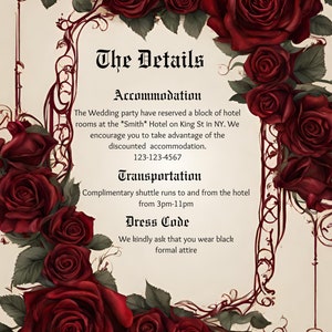 Cartão de detalhes de rosas vermelhas góticas, elegante, elegante e formal