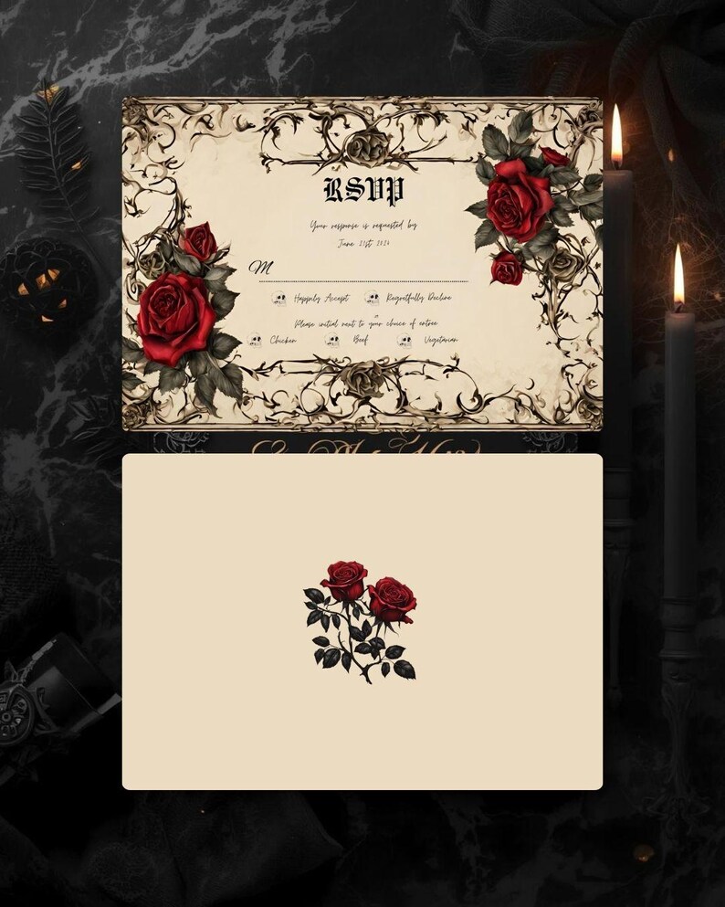Gothic Vintage Red Rose Wedding Suite | Floral Rose Invitation Bundle | Dark Romantic Canva Templates | Editable Wedding Set image 8