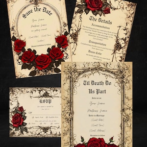 Set di inviti di nozze con rose rosse gotiche, biglietti con dettagli, RSVP, promemoria, inviti formali. Til' Death Do We Part, vittoriano, vintage