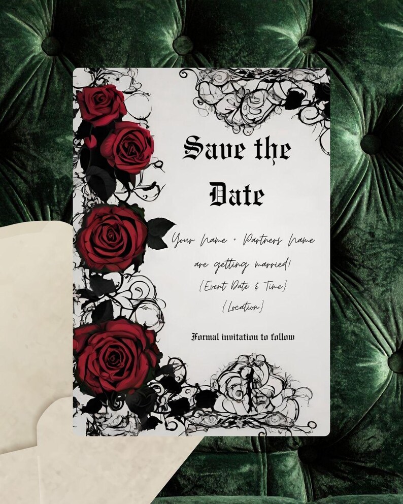 Gothic Red Rose Wedding Suite | Invitation Bundle | Dark Romantic Canva Templates | Editable Wedding Set, Goth Inspiration image 4