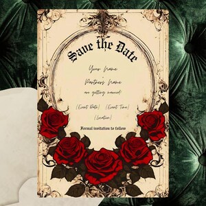 Gothic Vintage Red Rose Wedding Suite | Floral Rose Invitation Bundle | Dark Romantic Canva Templates | Editable Wedding Set image 6