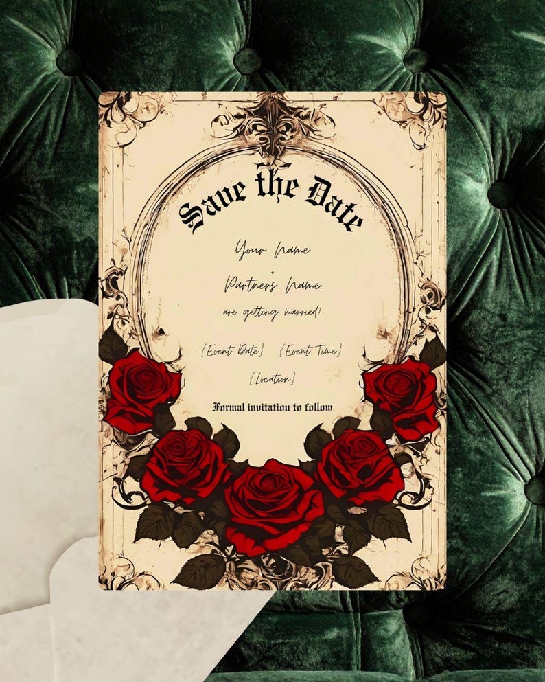 Gothic Vintage Red Rose Wedding Suite | Floral Rose Invitation Bundle | Dark Romantic Canva Templates | Editable Wedding Set image 6
