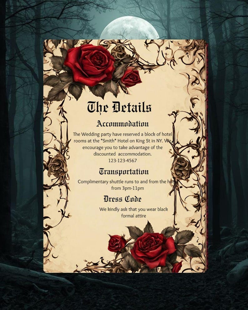 Gothic Vintage Red Rose Wedding Suite | Floral Rose Invitation Bundle | Dark Romantic Canva Templates | Editable Wedding Set image 7